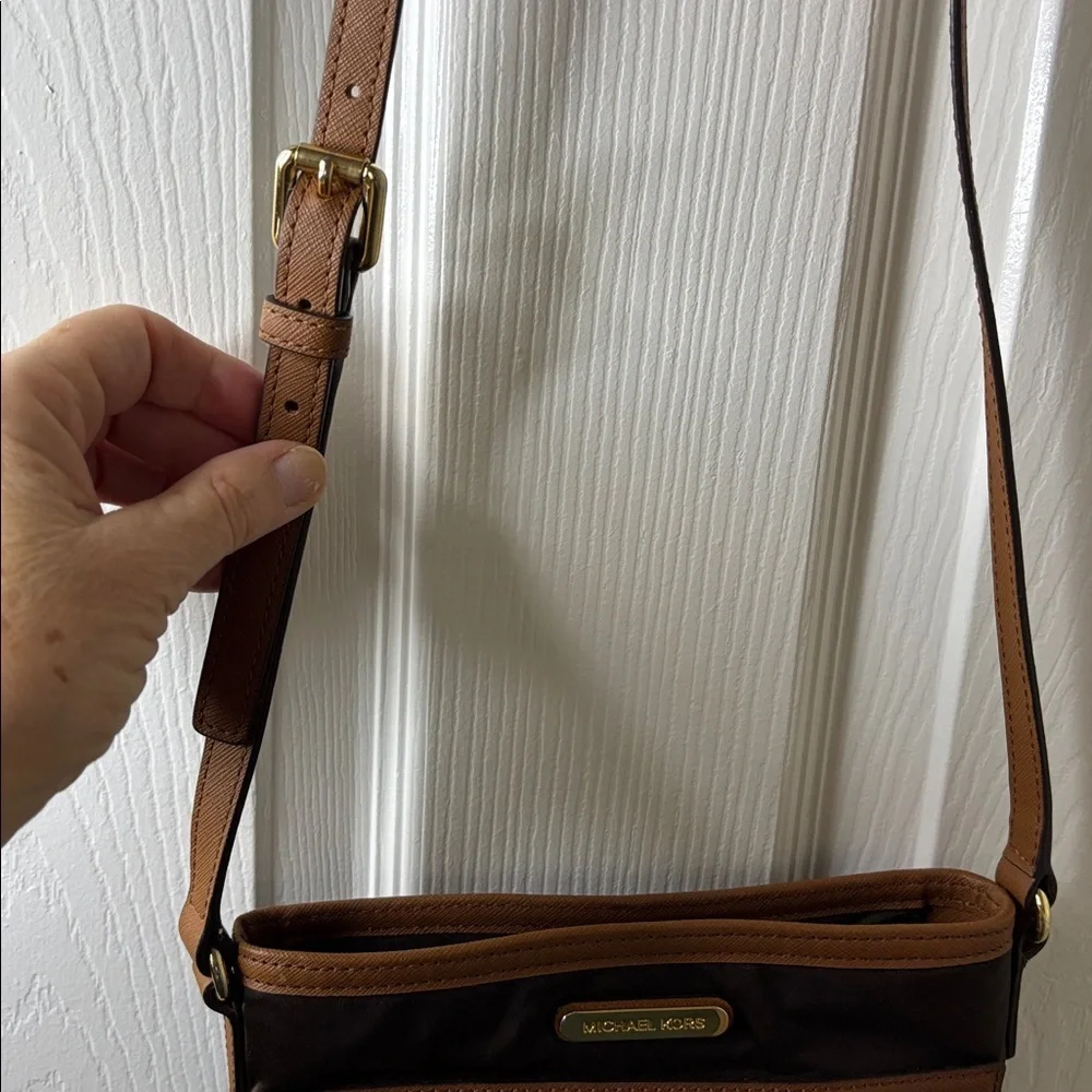 Michael Kors Two Tone Brown Crossbody Bag with Leather and Brass Accents Small